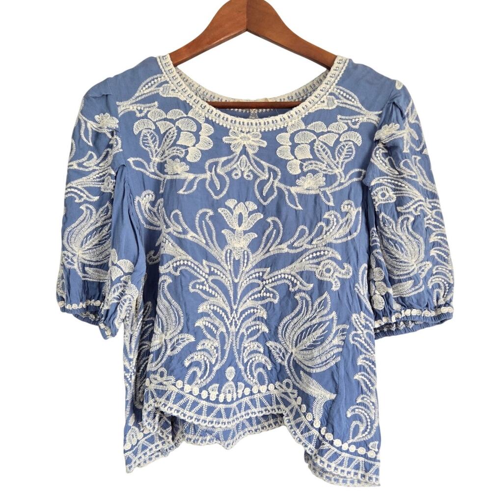 Boho Embroidered Peasant Blouse Blue/White Cottagecore Mediterranean Size Med